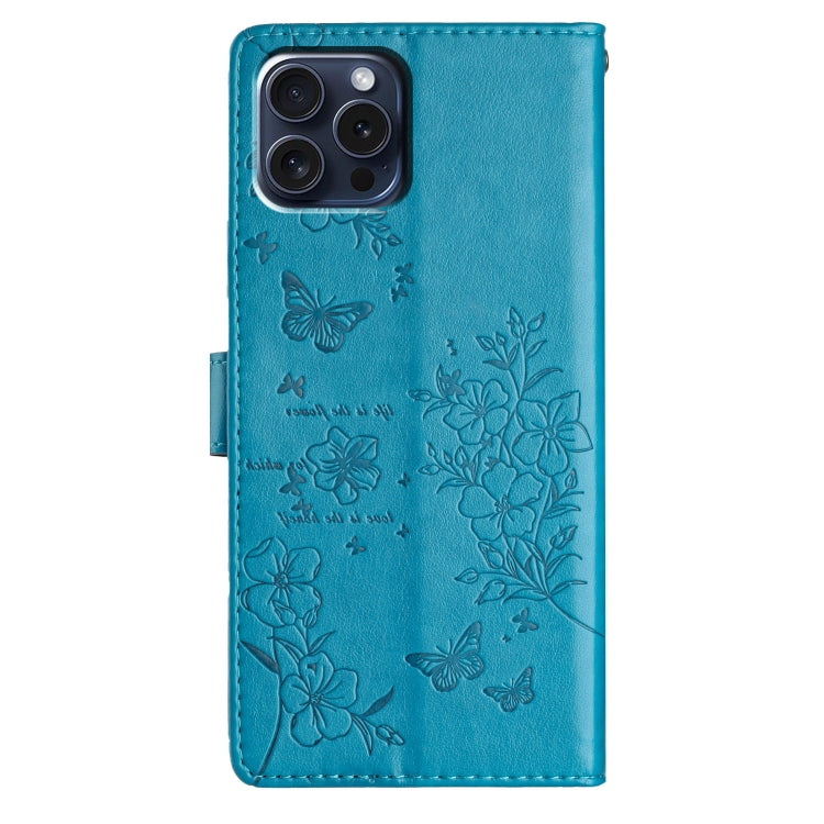 For iPhone 16 Pro Max Butterflies and Flowers Leather Phone Case(Blue) - iPhone 16 Pro Max Cases by buy2fix | Online Shopping UK | buy2fix