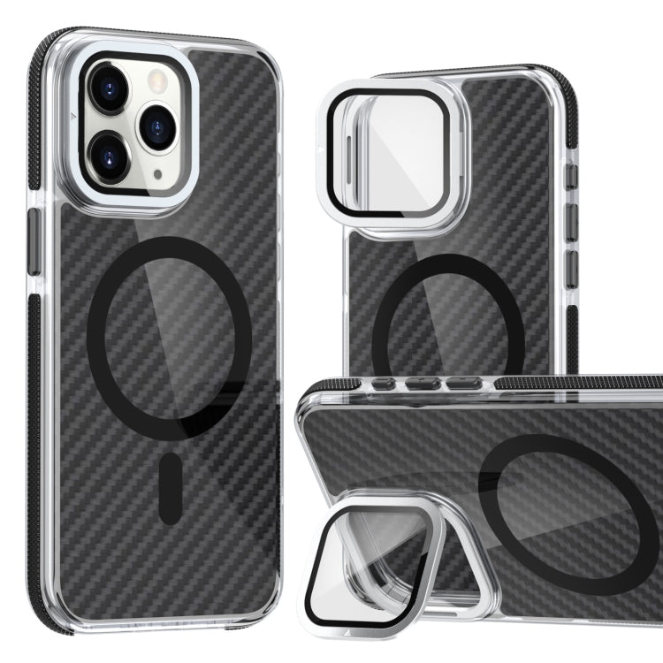 For iPhone 11 Pro Max Magsafe Dual-Color Carbon Fiber Lens Film Phone Case with Lens Fold Holder(Black) - iPhone 11 Pro Max Cases by buy2fix | Online Shopping UK | buy2fix