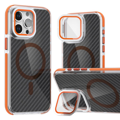 For iPhone 15 Pro Max Magsafe Dual-Color Carbon Fiber Lens Film Phone Case with Lens Fold Holder(Orange) - iPhone 15 Pro Max Cases by buy2fix | Online Shopping UK | buy2fix