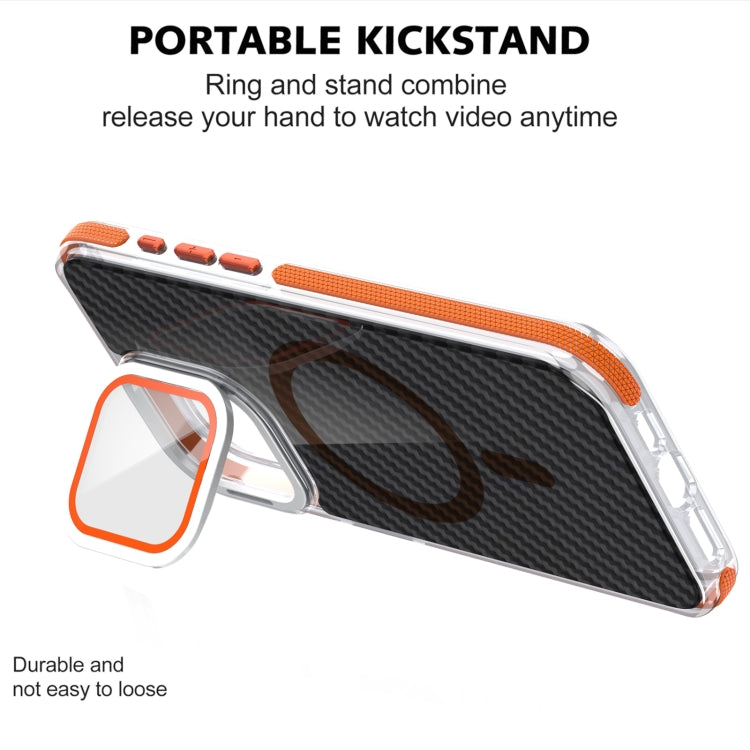 For iPhone 15 Pro Magsafe Dual-Color Carbon Fiber Lens Film Phone Case with Lens Fold Holder(Orange) - iPhone 15 Pro Cases by buy2fix | Online Shopping UK | buy2fix