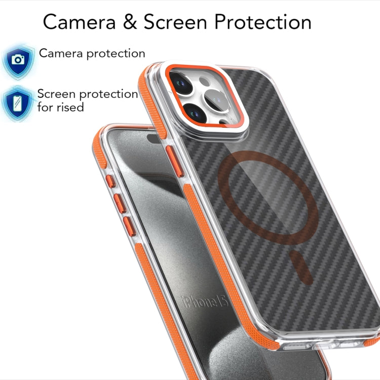 For iPhone 15 Pro Max Magsafe Dual-Color Carbon Fiber Lens Film Phone Case with Lens Fold Holder(Orange) - iPhone 15 Pro Max Cases by buy2fix | Online Shopping UK | buy2fix