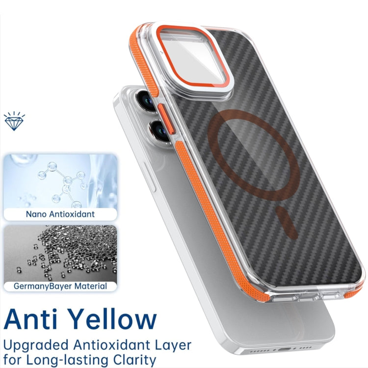 For iPhone 15 Pro Max Magsafe Dual-Color Carbon Fiber Lens Film Phone Case with Lens Fold Holder(Orange) - iPhone 15 Pro Max Cases by buy2fix | Online Shopping UK | buy2fix