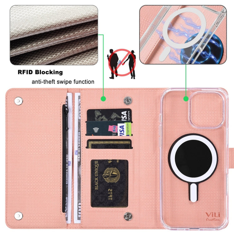 For iPhone 14 Plus ViLi GHB-C Series RFID MagSafe Magnetic Flip Leather Phone Case(Pink) - iPhone 14 Plus Cases by ViLi | Online Shopping UK | buy2fix