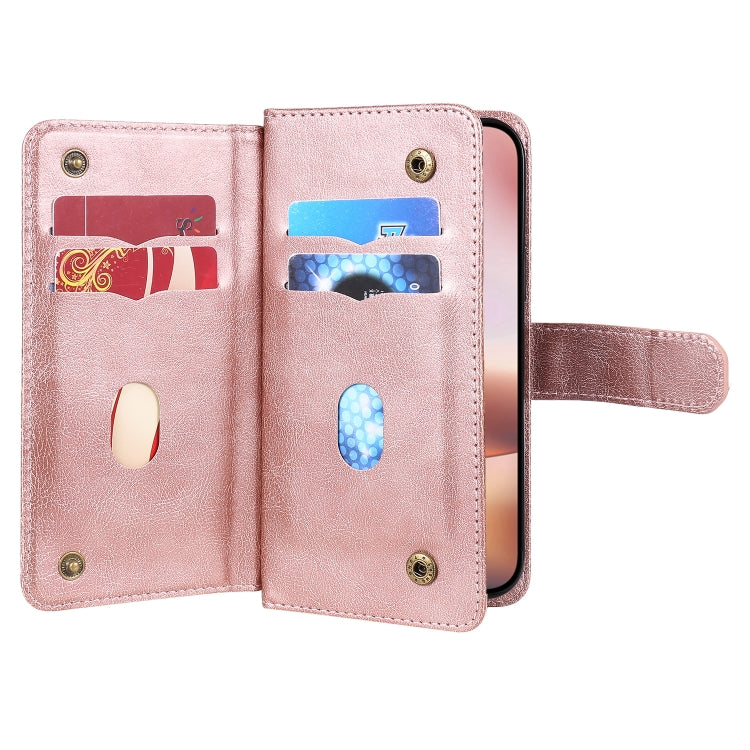 For iPhone 16 Plus Multi-Function Wallet 10 Card Slots Leather Phone Case(Rose Gold) - iPhone 16 Plus Cases by buy2fix | Online Shopping UK | buy2fix