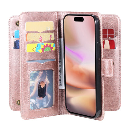 For iPhone 16 Plus Multi-Function Wallet 10 Card Slots Leather Phone Case(Rose Gold) - iPhone 16 Plus Cases by buy2fix | Online Shopping UK | buy2fix