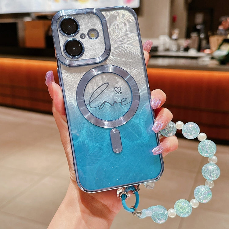 For iPhone 16 Dual-Love Feather  Gradient Glitter Bracelets Magsafe TPU Phone Case(Blue) - iPhone 16 Cases by buy2fix | Online Shopping UK | buy2fix