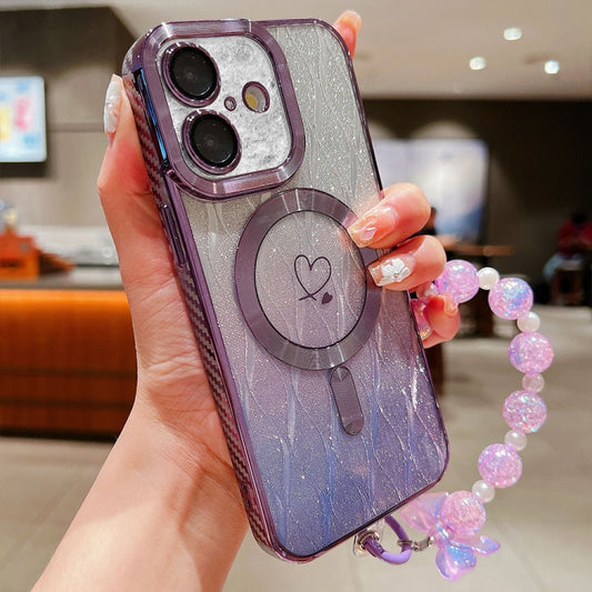 For iPhone 16 Loves Leaves Gradient Glitter Bracelets Carbon Fiber Magsafe TPU Phone Case(Purple) - iPhone 16 Cases by buy2fix | Online Shopping UK | buy2fix