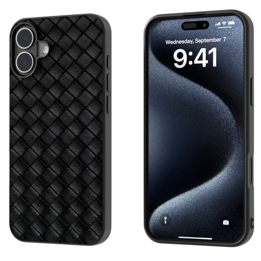 For iPhone 16 Plus Black Frame Woven Texture PU Phone Case(Black) - iPhone 16 Plus Cases by buy2fix | Online Shopping UK | buy2fix