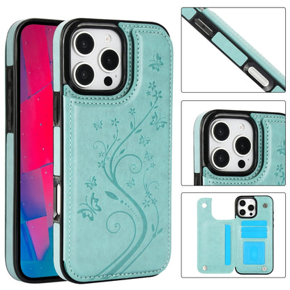 For iPhone 16 Pro Max Double Buckle Butterfly Embossing PU Phone Case(Green) - iPhone 16 Pro Max Cases by buy2fix | Online Shopping UK | buy2fix