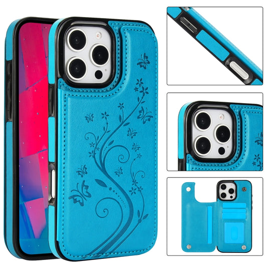 For iPhone 16 Pro Double Buckle Butterfly Embossing PU Phone Case(Blue) - iPhone 16 Pro Cases by buy2fix | Online Shopping UK | buy2fix