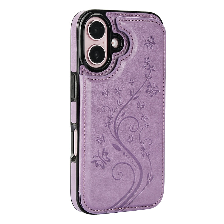 For iPhone 16 Plus Double Buckle Butterfly Embossing PU Phone Case(Purple) - iPhone 16 Plus Cases by buy2fix | Online Shopping UK | buy2fix