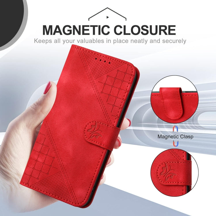 For iPhone 16 Plus YX0080 Grid Butterfly Embossed Pattern Flip Leather Phone Case with Lanyard(Red) - iPhone 16 Plus Cases by buy2fix | Online Shopping UK | buy2fix