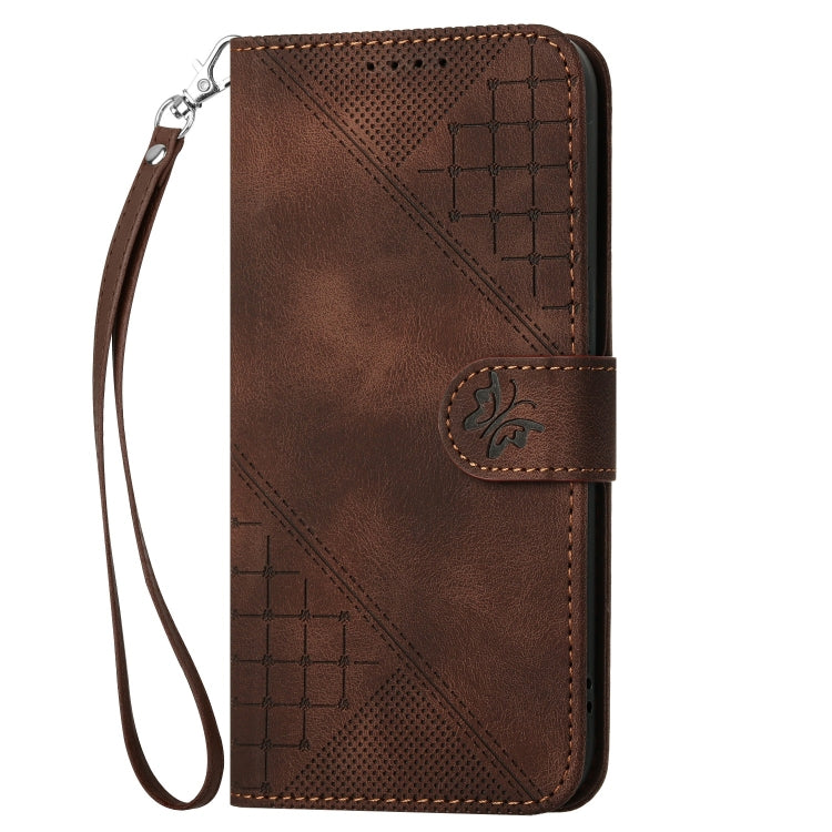 For iPhone 16 Plus YX0080 Grid Butterfly Embossed Pattern Flip Leather Phone Case with Lanyard(Coffee) - iPhone 16 Plus Cases by buy2fix | Online Shopping UK | buy2fix