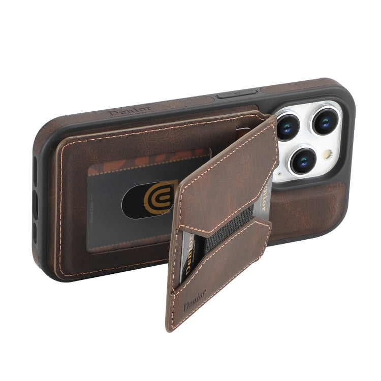 For iPhone 12 / 12 Pro Denior D18 Skin Feel Rotating Holder MagSafe Detachable Card Slot Phone Case(Brown) - iPhone 12 / 12 Pro Tempered Glass by Denior | Online Shopping UK | buy2fix