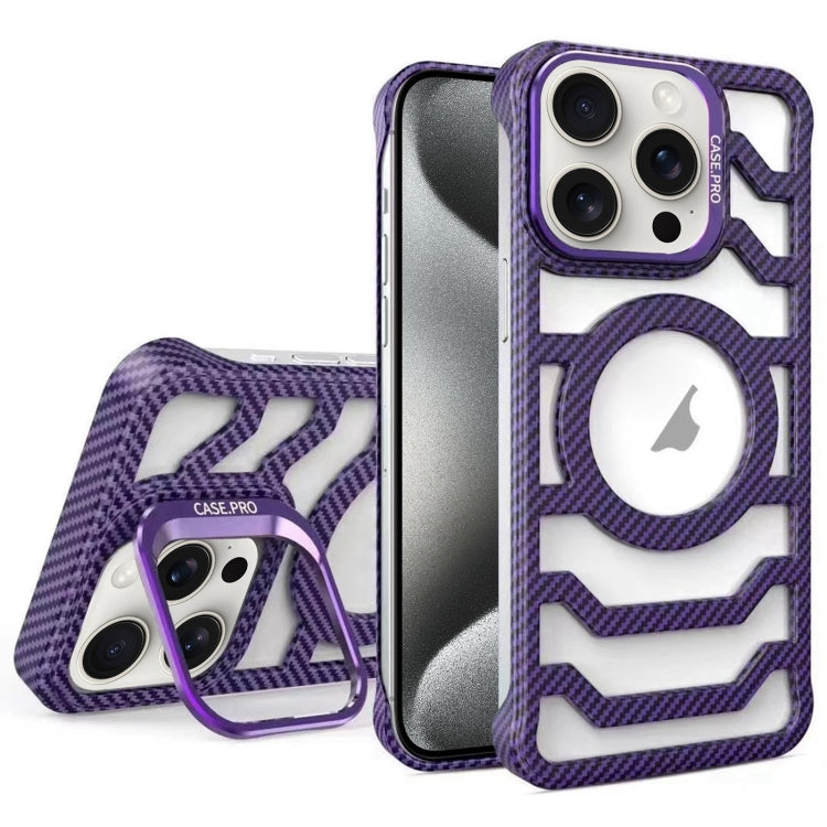 For iPhone 15 Pro Borderless Carbon Fiber Lens Protection Bracket MagSafe Phone Case(Purple) - iPhone 15 Pro Cases by buy2fix | Online Shopping UK | buy2fix