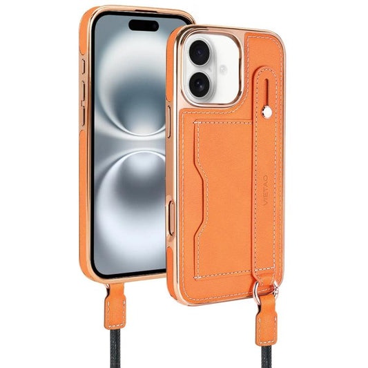 For iPhone 16 Plus VIETAO Card Slot Wristband Phone Case with Lanyard(Orange) - iPhone 16 Plus Cases by VIETAO | Online Shopping UK | buy2fix