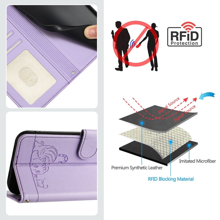 For Redmi K70 Ultra 5G Global Cat Rat Embossed Pattern RFID Leather Phone Case with Lanyard(Purple) - Xiaomi Cases by buy2fix | Online Shopping UK | buy2fix