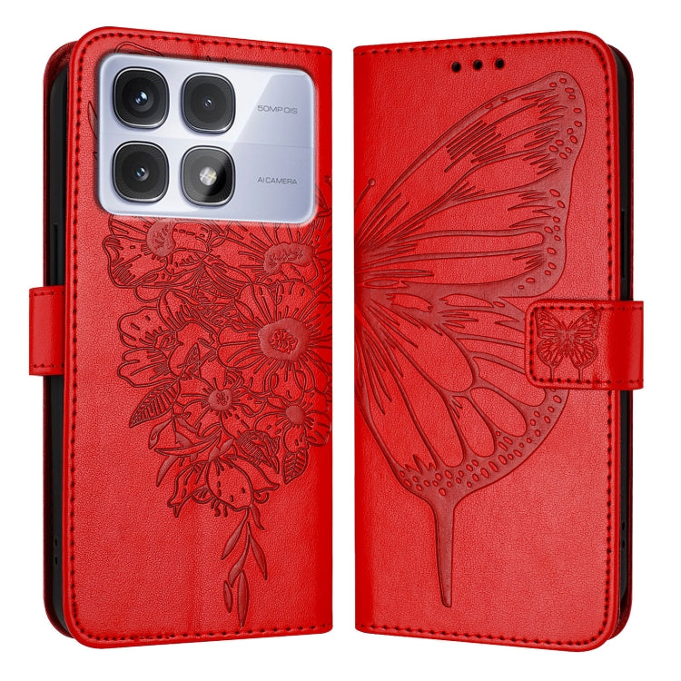 For Redmi K70 Ultra 5G Global Embossed Butterfly Leather Phone Case(Red) - Xiaomi Cases by buy2fix | Online Shopping UK | buy2fix