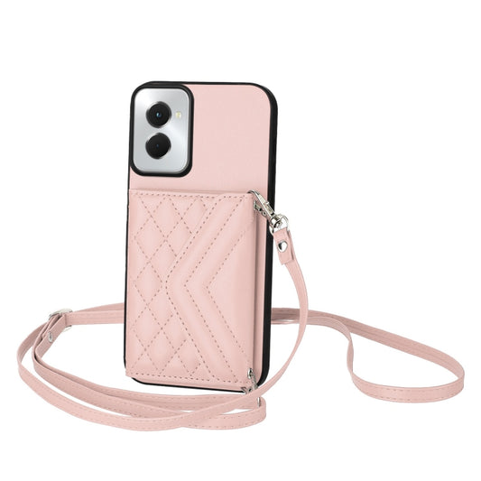 For Motorola Moto G Power 2024 5G Rhombic Texture Card Bag RFID Phone Case with Long Lanyard(Rose Gold) - Motorola Cases by buy2fix | Online Shopping UK | buy2fix