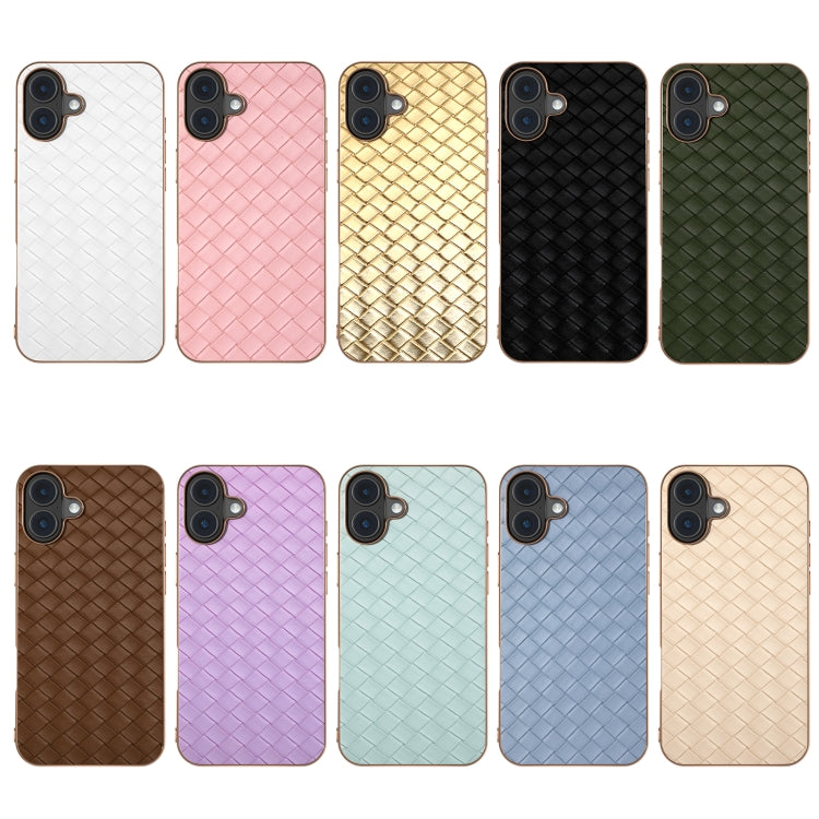 For iPhone 16 Plus Electroplated Frame Woven Texture PU Phone Case(Gold) - iPhone 16 Plus Cases by buy2fix | Online Shopping UK | buy2fix