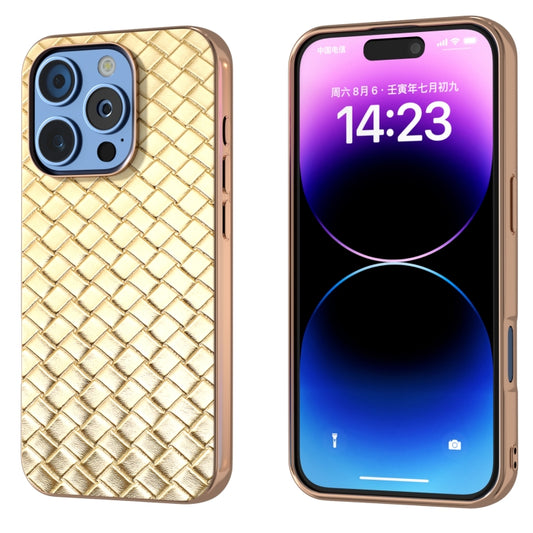 For iPhone 16 Pro Electroplated Frame Woven Texture PU Phone Case(Gold) - iPhone 16 Pro Cases by buy2fix | Online Shopping UK | buy2fix