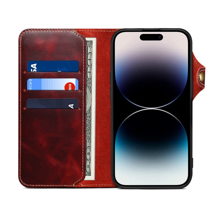 For iPhone 16 Plus Denior B01 Oil Wax Cowhide Magnetic Button Genuine Leather Case(Red) - iPhone 16 Plus Cases by Denior | Online Shopping UK | buy2fix