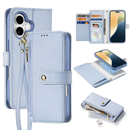 For iPhone 16 DUX DUCIS Lawa Series 2 in 1 Wallet Zipper Detachable MagSafe Phone Case with Lanyard(Light Blue) - iPhone 16 Cases by DUX DUCIS | Online Shopping UK | buy2fix