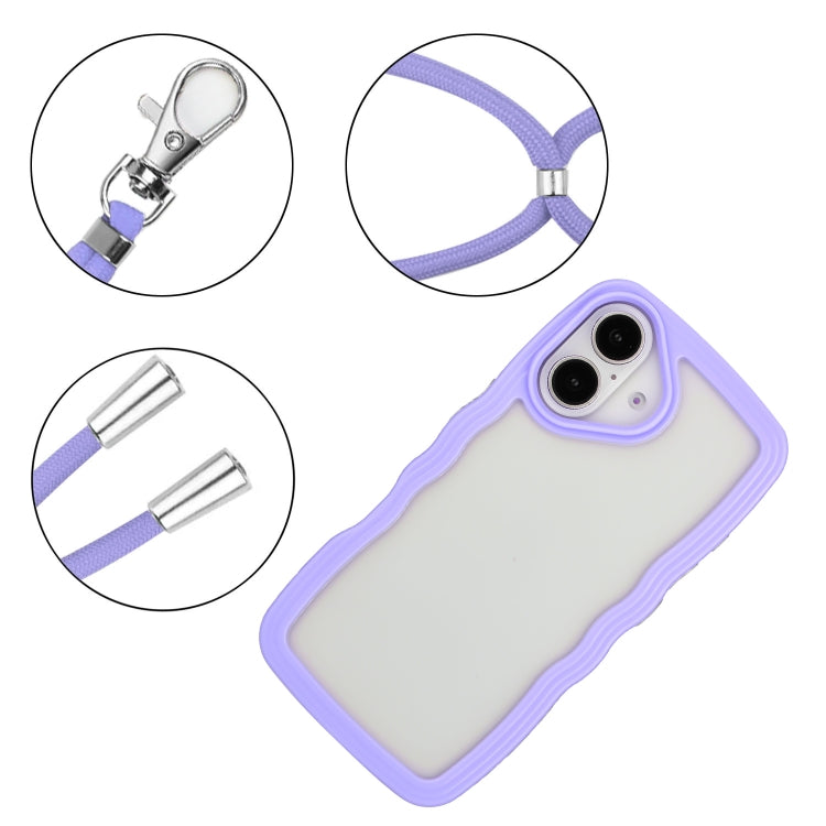 For iPhone 16 Candy Color Wave TPU Clear PC Phone Case with Lanyard(Purple) - iPhone 16 Cases by buy2fix | Online Shopping UK | buy2fix