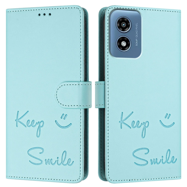 For Motorola Moto G Play 5G 2024 Global Smile Embossing RFID Leather Phone Case(Mint Green) - Motorola Cases by buy2fix | Online Shopping UK | buy2fix