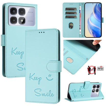 For Redmi K70 Ultra 5G Global Smile Embossing RFID Leather Phone Case(Mint Green) - Xiaomi Cases by buy2fix | Online Shopping UK | buy2fix