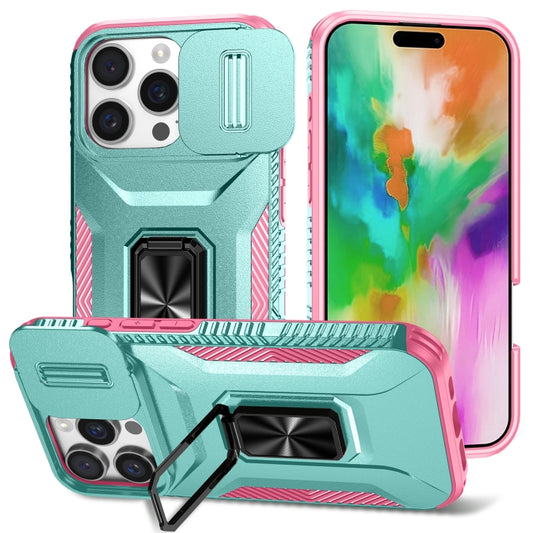 For iPhone 16 Pro Sliding Camshield Holder Phone Case(Grey Green + Pink) - iPhone 16 Pro Cases by buy2fix | Online Shopping UK | buy2fix