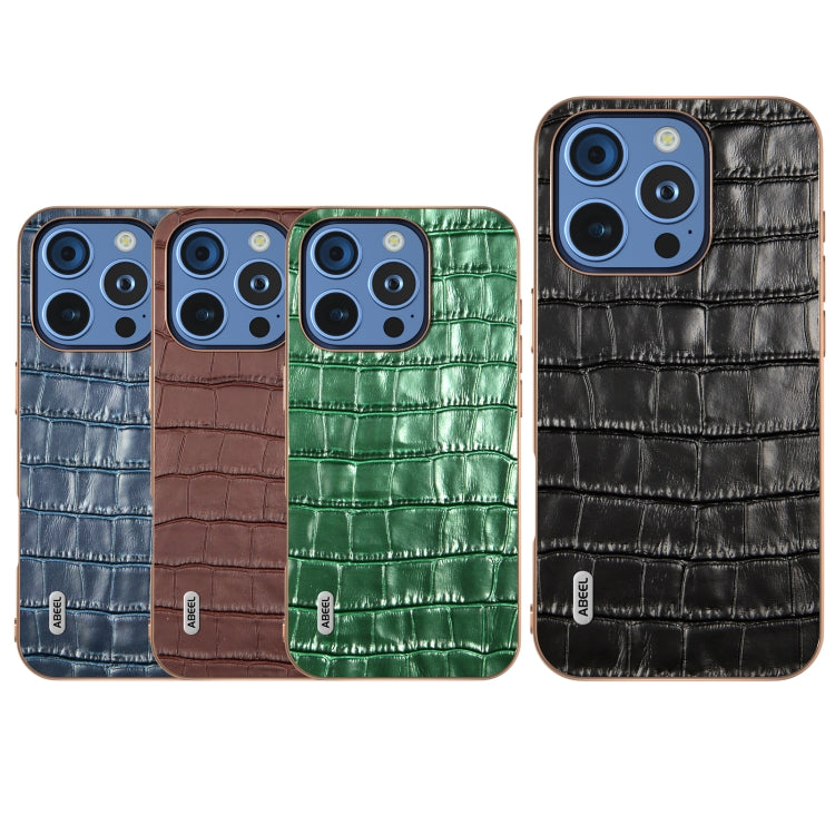 For iPhone 16 Pro ABEEL Electroplating Frame Crocodile Texture Genuine Leather Phone Case(Blue) - iPhone 16 Pro Cases by buy2fix | Online Shopping UK | buy2fix