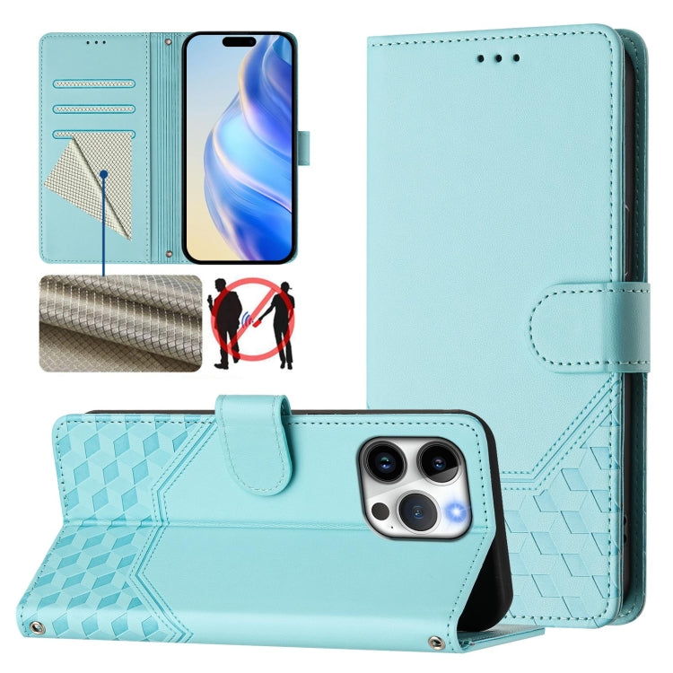 For iPhone 16 Pro Max Honeycomb Embossing RFID Leather Phone Case(Mint Green) - iPhone 16 Pro Max Cases by buy2fix | Online Shopping UK | buy2fix