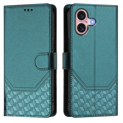 For iPhone 16 Plus Honeycomb Embossing RFID Leather Phone Case(Peacock Green) - iPhone 16 Plus Cases by buy2fix | Online Shopping UK | buy2fix