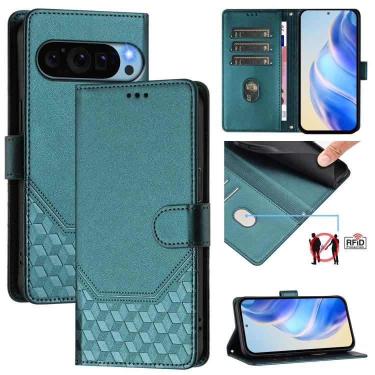 For Google Pixel 9 Pro XL Honeycomb Embossing RFID Leather Phone Case(Peacock Green) - Google Cases by buy2fix | Online Shopping UK | buy2fix