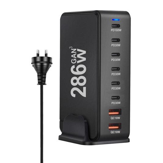 YMX-986 286W 6Type-C, 3USB 8-Ports Desktop Fast Charger, Plug Type:AU Plug(Black) - Multifunction Charger by buy2fix | Online Shopping UK | buy2fix