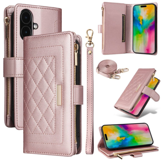 For iPhone 16 Plus Crossbody Zipper Wallet Rhombus Leather Phone Case(Rose Gold) - iPhone 16 Plus Cases by buy2fix | Online Shopping UK | buy2fix