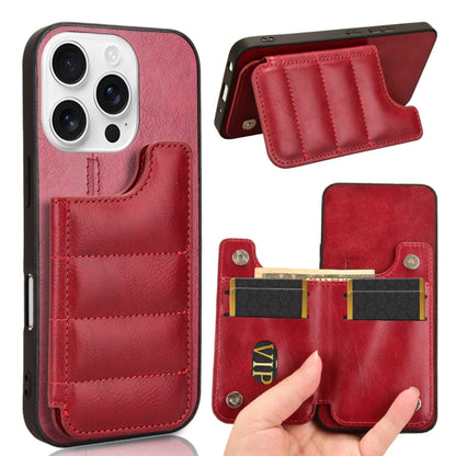 For iPhone 16 Pro Cow Pattern Sewing Card Bag Phone Case(Red) - iPhone 16 Pro Cases by buy2fix | Online Shopping UK | buy2fix