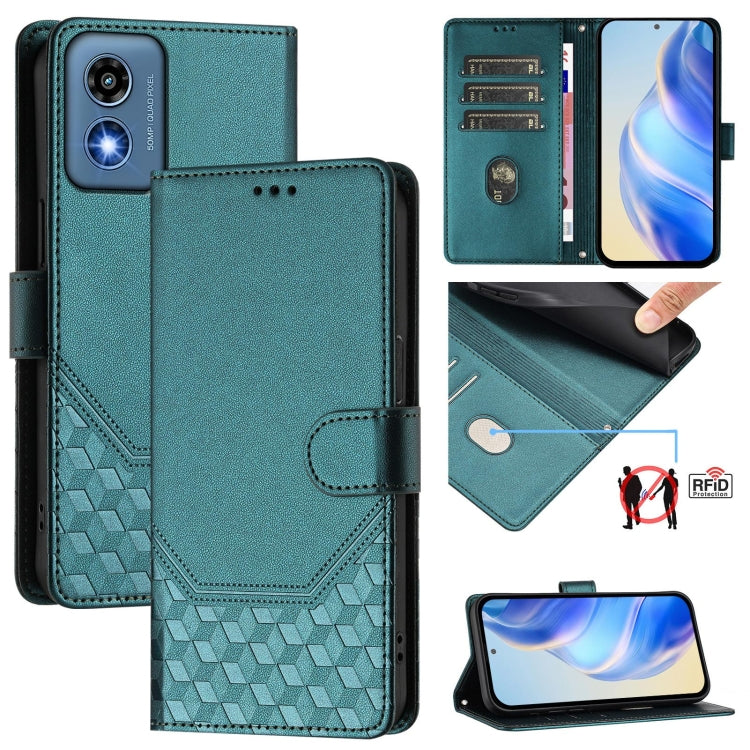 For Motorola Moto G Play 5G 2024 Oversea Honeycomb Embossing RFID Leather Phone Case(Peacock Green) - Motorola Cases by buy2fix | Online Shopping UK | buy2fix