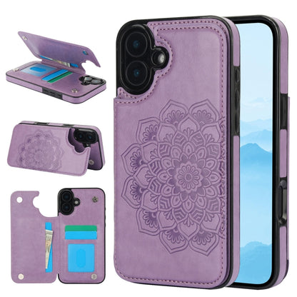 For iPhone 16 Plus Double Buckle Mandala Leather Wallet Back Cover Phone Case(Purple) - iPhone 16 Plus Cases by buy2fix | Online Shopping UK | buy2fix