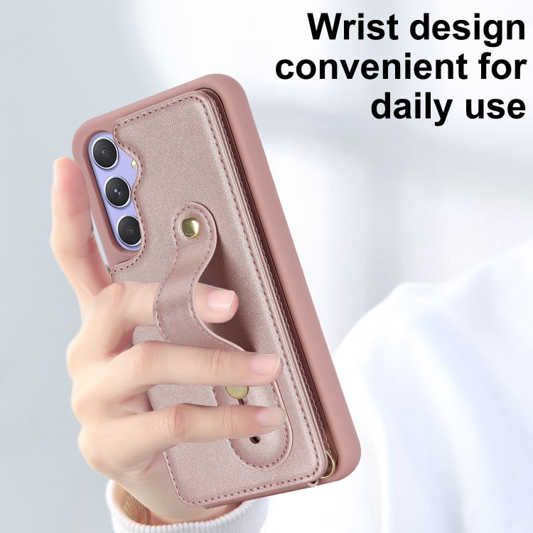 For Samsung Galaxy S25+ 5G Wristband Vertical Flip Wallet Back Cover Phone Case with Long Lanyard(Rose Gold) - Galaxy S25+ 5G Cases by buy2fix | Online Shopping UK | buy2fix