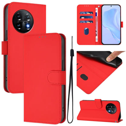 For OnePlus 11 Skin Feel Solid Color Leather Phone Case with Lanyard(Red) - OnePlus Cases by buy2fix | Online Shopping UK | buy2fix