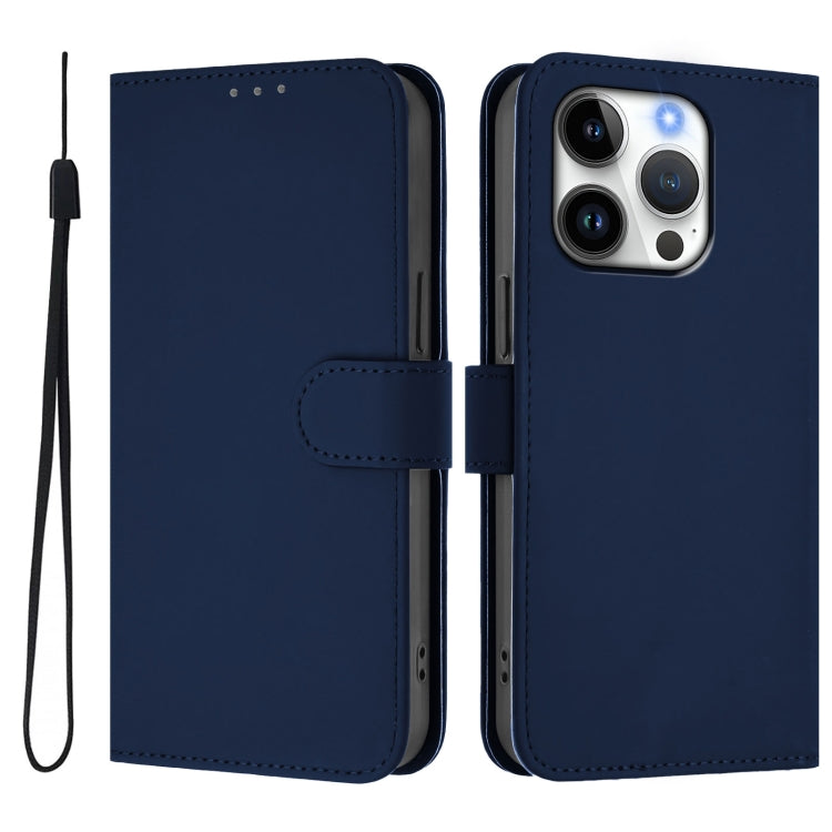 For iPhone 16 Pro Skin Feel Solid Color Leather Phone Case with Lanyard(Navy Blue) - iPhone 16 Pro Cases by buy2fix | Online Shopping UK | buy2fix