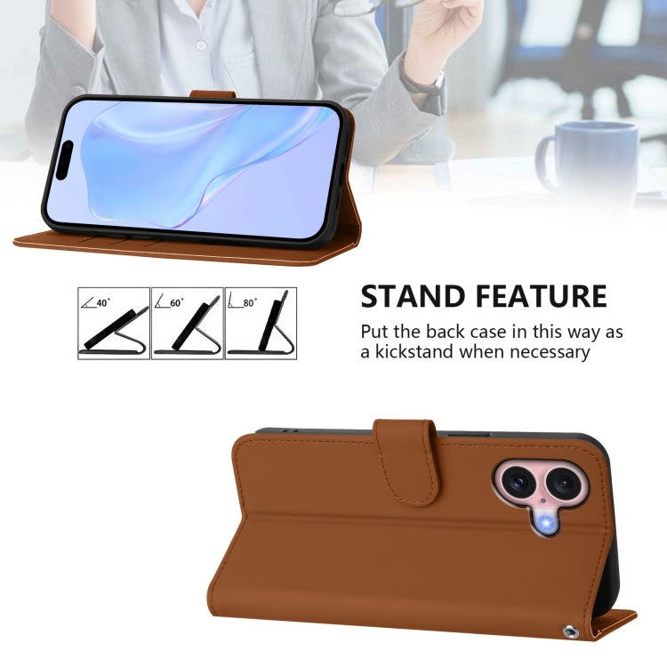 For iPhone 16 Skin Feel Solid Color Leather Phone Case with Lanyard(Brown) - iPhone 16 Cases by buy2fix | Online Shopping UK | buy2fix