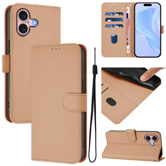 For iPhone 16 Skin Feel Solid Color Leather Phone Case with Lanyard(Nude) - iPhone 16 Cases by buy2fix | Online Shopping UK | buy2fix