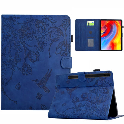 For Samsung Galaxy Tab S9 Flowers and Bird Embossed Smart Leather Tablet Case(Dark Blue) - Galaxy Tab S9 Cases by buy2fix | Online Shopping UK | buy2fix