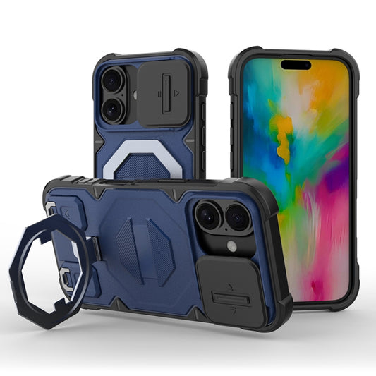 For iPhone 16 Camera Shield Armor MagSafe Holder Phone Case with Strap(Sapphire Blue) - iPhone 16 Cases by buy2fix | Online Shopping UK | buy2fix