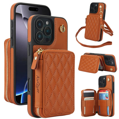 For iPhone 16 Pro AwQuer Crossbody Zipper Wallet Rhombic Leather Back Phone Case(Brown) - iPhone 16 Pro Cases by Awquer | Online Shopping UK | buy2fix