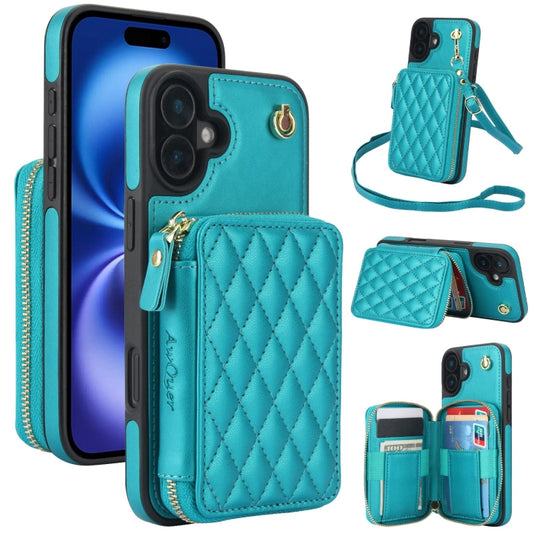 For iPhone 16 Plus AwQuer Crossbody Zipper Wallet Rhombic Leather Back Phone Case(Green) - iPhone 16 Plus Cases by Awquer | Online Shopping UK | buy2fix