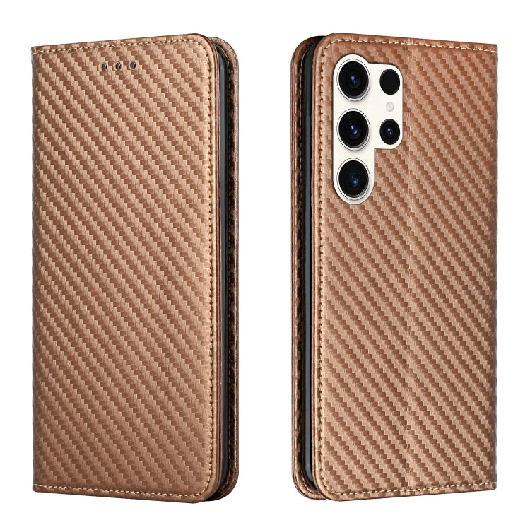 For Samsung Galaxy S25 Ultra 5G Carbon Fiber Texture Magnetic Flip Leather Phone Case(Brown) - Galaxy S25 Ultra 5G Cases by buy2fix | Online Shopping UK | buy2fix